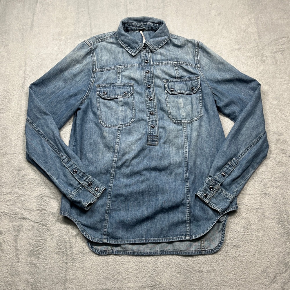 Free People Denim Shirt Womens Pearl Snap Popover Long Sleeve High Low Hem S